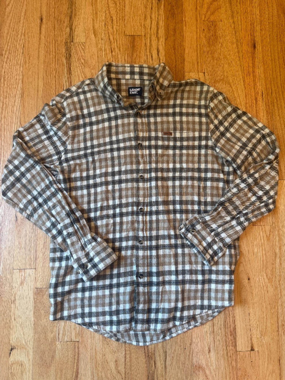 Lands End Lakeside Flannel Shirt Natural Taupe Medium Hiking Outdoors Gorpcore